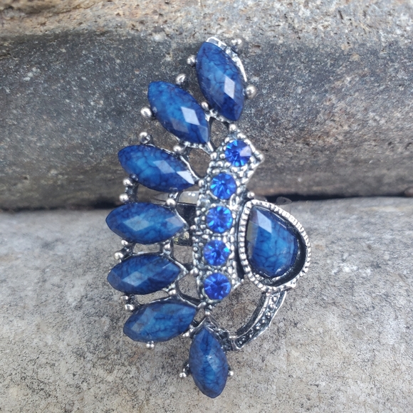 Jewelry - Stunning Huge Statement Ring with Blue Lapis Lazu Rhinestones Adjustable NWOT